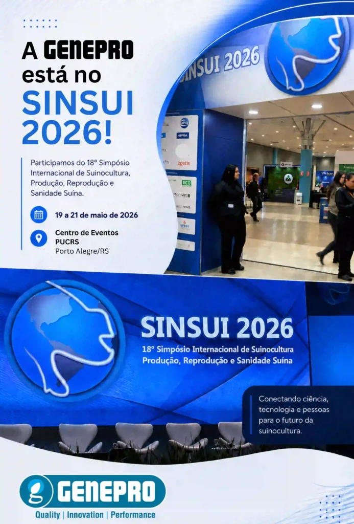 Banner vertical composto por duas fotos do SINSUI 2026 e o logotipo da GENEPRO na base. Na parte superior, lê-se "A GENEPRO está no SINSUI 2026! Participamos do 18º Simpósio Internacional de Suinocultura". No centro, há fotos do estande e do auditório do evento na PUCRS em Porto Alegre. No canto inferior direito, a frase "Conectando ciência, tecnologia e pessoas para o futuro da suinocultura".