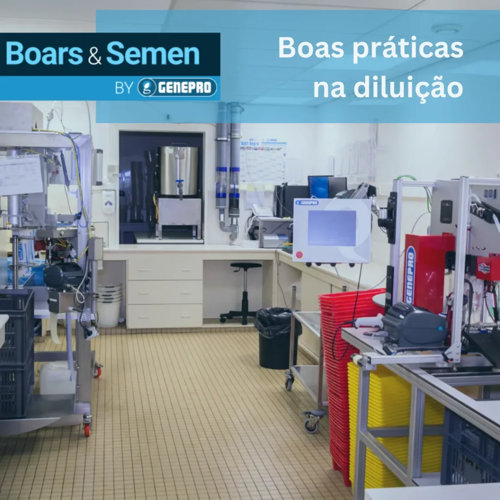 Vista de um laboratório de inseminação artificial em suínos com equipamentos de precisão GENEPRO e text sobreposto: 'Boars & Semen BY GENEPRO: Boas práticas na diluição'.