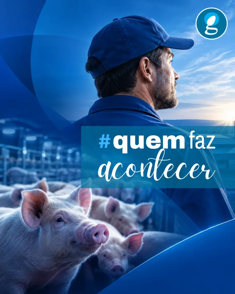 Suinocultor em granja de suínos em imagem azul da GENEPRO para o Dia do Cliente
