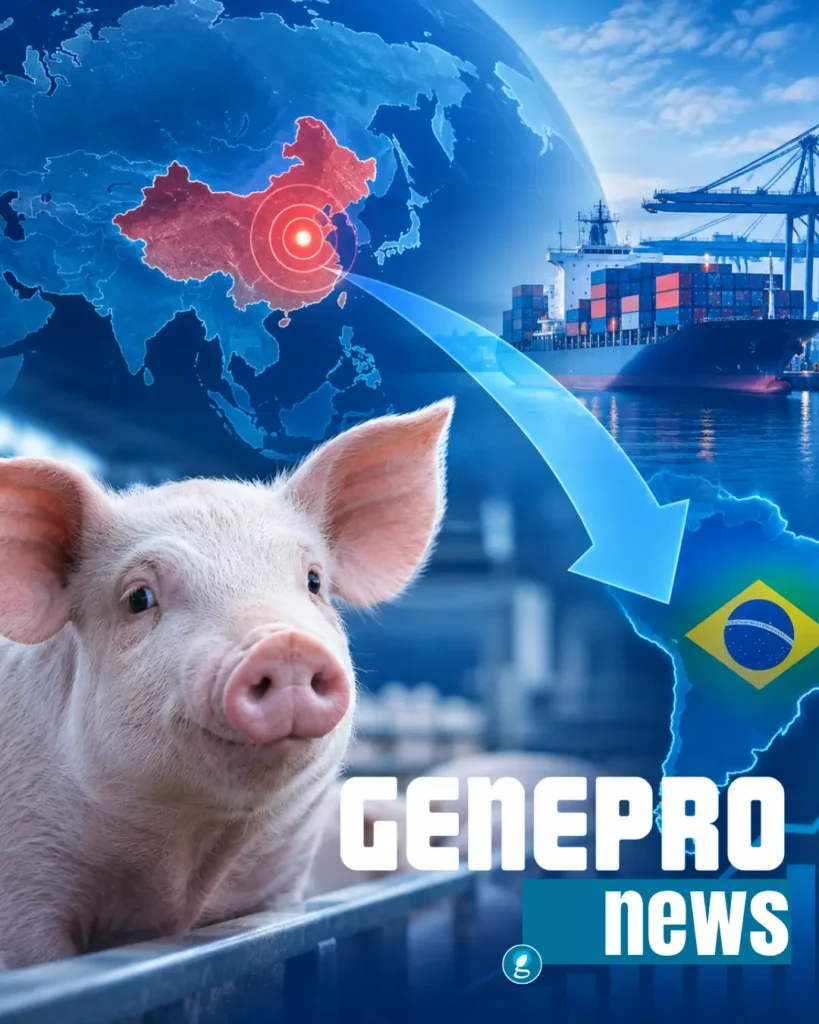 Febre aftosa em suínos na China e possíveis impactos no mercado de carne suína e na suinocultura brasileira, com mapa da China, suíno, navio cargueiro e Brasil.
