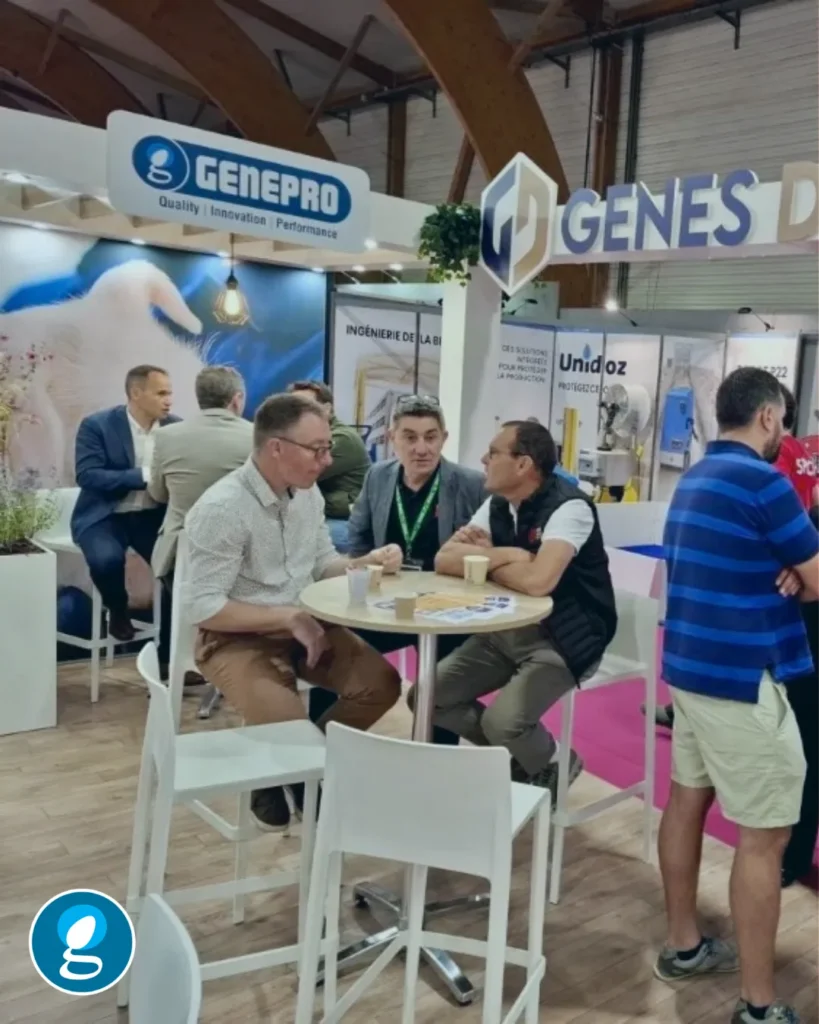 GENEPRO na SPACE 2026 em Rennes, França, com profissionais da suinocultura reunidos no estande da empresa.