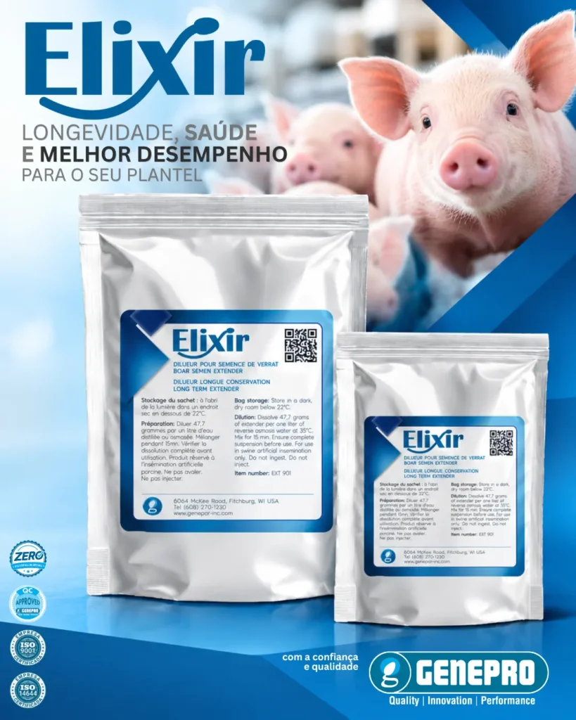 Diluente de sêmen suíno Elixir GENEPRO: embalagens e benefícios para inseminação artificial de suínos