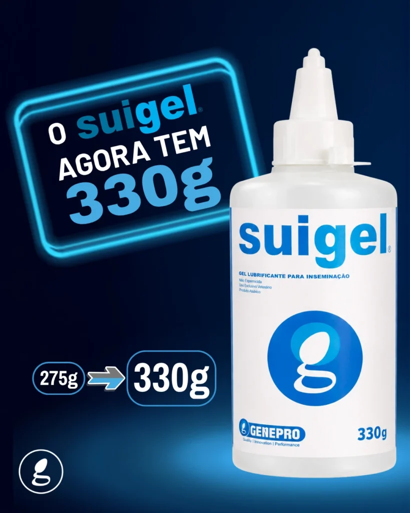 Frasco do gel lubrificante para inseminação SUIGEL GENEPRO de 330 g, que passou de 275 g para 330 g